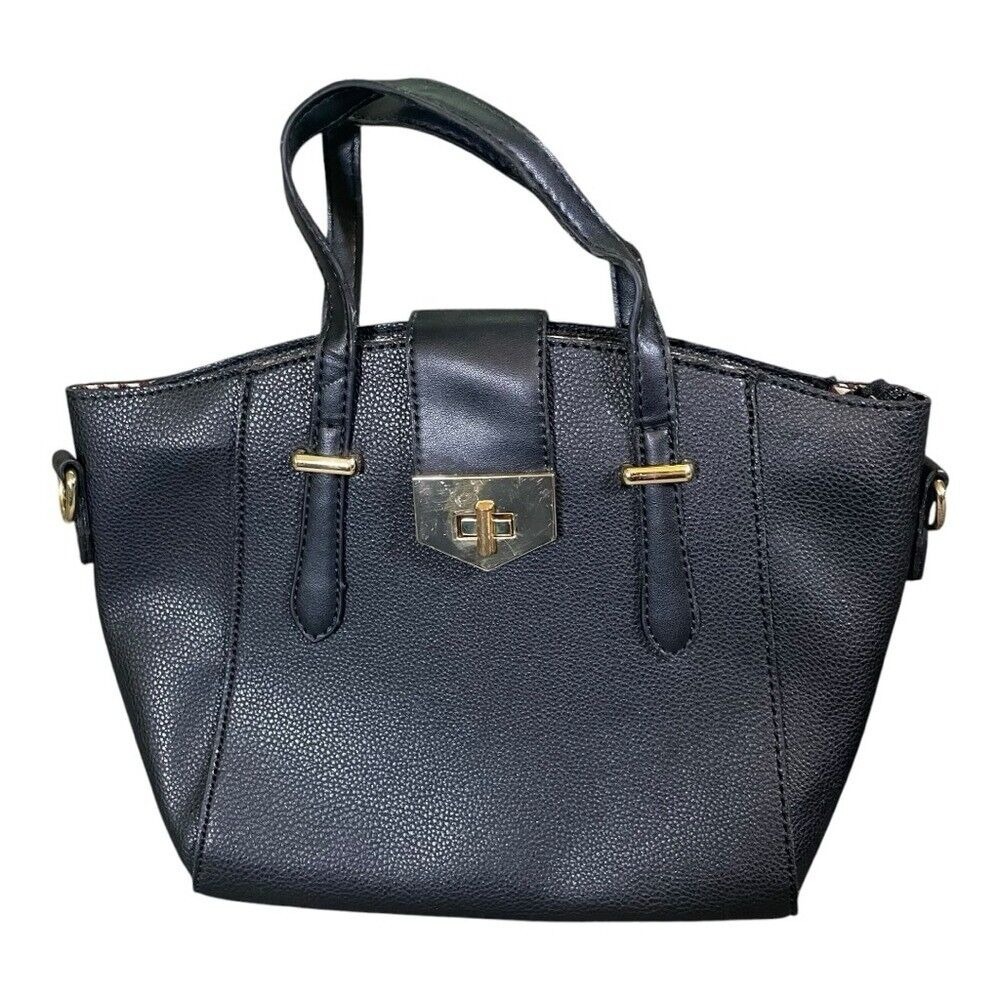 Satchel Handbag Black Faux Leather Gold Accent‎ Small Purse